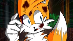 Size: 1280x720 | Tagged: semi-grimdark, artist:kaenlet, miles "tails" prower, abstract background, blood, blood splatter, blood stain, looking offscreen, mouth open, outdoors, sonic.exe:fear of soul remastered, standing, tree, youtube thumbnail