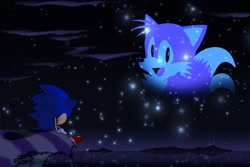 Size: 3000x2000 | Tagged: dead source, safe, artist:p_ditty2, miles "tails" prower, sonic the hedgehog, abstract background, classic sonic, classic tails, clouds, ghost, nighttime, sad, sitting, smile, sonic the hedgehog 2 (8bit), star (sky)