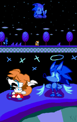Size: 1065x1680 | Tagged: safe, artist:kenny1941, miles "tails" prower, sonic the hedgehog, 2022, abstract background, alternate universe, angel, angel wings, classic sonic, classic tails, crying, duo, floppy ears, halo, nighttime, outdoors, reference inset, sad, sonic the hedgehog 2 (8bit), standing, star (sky), tears, tears of sadness