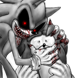 Size: 1500x1500 | Tagged: semi-grimdark, artist:zombiebridexd, sonic the hedgehog, oc, oc:sonic.exe, 2015, black sclera, bleeding, bleeding from eyes, blood, claws, covering mouth, duo, glowing eyes, greyscale, hand on head, red eyes, self paradox, sharp teeth, shrunken pupils, simple background, standing, torn gloves, white background, wound