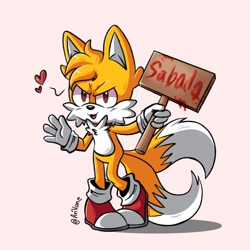 Size: 1280x1280 | Tagged: safe, artist:arivane, miles "tails" prower, adorascary, alternate eye color, blood, friday night funkin, heart, holding something, mod:tails' diary, red eyes, sign, signature, simple background, smile, solo, standing, tailabetes, waving