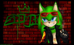 Size: 1150x695 | Tagged: safe, artist:scourgeydahedgie, scourge the hedgehog, hedgehog, blue eyes, brick wall, fingerless gloves, glasses, glasses on head, gloves, green fur, jacket, male, scars, spiked collar, sunglasses