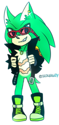Size: 327x691 | Tagged: safe, artist:scourgeydahedgie, scourge the hedgehog, hedgehog, blue eyes, fingerless gloves, gloves, green fur, jacket, male, necklace, scars, shoes