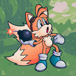 Size: 1350x1350 | Tagged: safe, artist:uиtizio, miles "tails" prower, abstract background, blue shoes, bomb, clenched fist, eyelashes, goggles, grass, holding something, looking offscreen, male, mouth open, outdoors, redraw, signature, solo, standing, tails adventure
