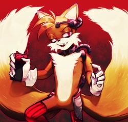 Size: 1024x981 | Tagged: safe, artist:santokii, miles "tails" prower, abstract background, cyborg, evil, holding something, lidded eyes, looking offscreen, mouth open, partially roboticized, red eyes, remote controller, smile, solo