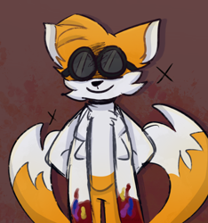 Size: 1500x1600 | Tagged: safe, artist:swiftifizzix, miles "tails" prower, 2022, abstract background, blood, blood stain, goggles, hands behind back, lab coat, smile, solo, standing