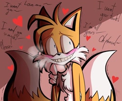 Size: 1500x1250 | Tagged: artist needed, safe, miles "tails" prower, 2023, abstract background, blushing, dialogue, drooling, english text, heart, looking offscreen, obsessed, panting, saliva, shrunken pupils, smile, solo, standing, yandere