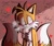 Size: 1500x1250 | Tagged: artist needed, safe, miles "tails" prower, 2023, abstract background, blushing, dialogue, drooling, english text, heart, looking offscreen, obsessed, panting, saliva, shrunken pupils, smile, solo, standing, yandere