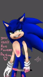 Size: 899x1599 | Tagged: semi-grimdark, artist:0bsessedfreak, sonic the hedgehog, 2023, blood, blood stain, dialogue, english text, grey background, heart eyes, holding something, knife, lidded eyes, pink blood, signature, simple background, smile, standing, talking to viewer, yandere