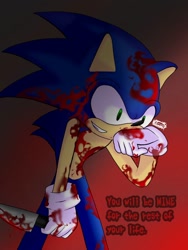 Size: 768x1024 | Tagged: semi-grimdark, artist:hinavane, sonic the hedgehog, 2023, bent over, blood, blood stain, dialogue, english text, gradient background, holding something, knife, looking offscreen, offscreen character, signature, smile, solo, wiping face, yandere