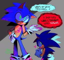 Size: 2048x1897 | Tagged: semi-grimdark, artist:pixiefeatherkw3, sonic the hedgehog, 2023, blood, blood splatter, blood stain, dialogue, english text, glowing eyes, heart, implied murder, pink blood, signature, smile, speech bubble, standing, yandere