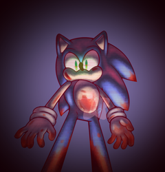 Size: 1506x1571 | Tagged: semi-grimdark, artist:peannutbun, sonic the hedgehog, 2023, blood, blood stain, glowing eyes, looking down at viewer, no mouth, solo, standing, watermark, yandere
