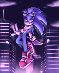 Size: 1683x2048 | Tagged: safe, artist:rousekarma, sonic the hedgehog, 2022, abstract background, looking back, mid-air, signature, smile, solo, sonic riders, v sign