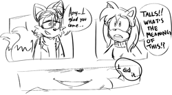 Size: 1436x796 | Tagged: safe, artist:jokesitos-art, amy rose, miles "tails" prower, sonic forces, alternate universe, au:mad scientist, dialogue, duo, english text, frown, goggles, goggles on head, lab coat, lidded eyes, line art, mouth open, simple background, sketch, smile, white background