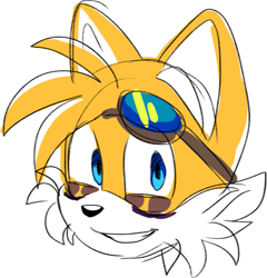 Size: 969x1008 | Tagged: safe, artist:jokesitos-art, miles "tails" prower, sonic forces, alternate universe, au:mad scientist, dark bags under eyes, goggles, goggles on head, head only, looking at viewer, simple background, smile, solo, white background