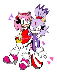 Size: 768x1024 | Tagged: safe, artist:emzberry, amy rose, blaze the cat, cat, hedgehog, 2023, amy x blaze, amy's halterneck dress, blaze's tailcoat, blushing, cute, female, females only, lesbian, looking at viewer, shipping, sitting on them