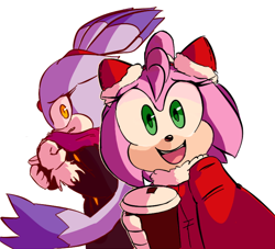 Size: 540x490 | Tagged: safe, artist:wispon, amy rose, blaze the cat, cat, hedgehog, 2019, amy x blaze, coffee, cute, female, females only, lesbian, looking at viewer, scarf, shipping, winter outfit