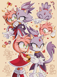 Size: 540x727 | Tagged: safe, artist:beeames, amy rose, blaze the cat, cat, hedgehog, 2020, amy x blaze, amy's halterneck dress, blaze's tailcoat, cute, female, females only, flame, hands on shoulders, hearts, holding hands, lesbian, one eye closed, piko piko hammer, shipping, sol emerald