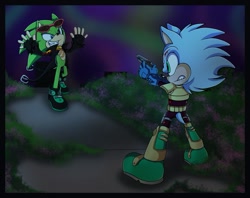 Size: 1005x795 | Tagged: safe, artist:pendulonium, scourge the hedgehog, zonic the zone cop, hedgehog, blue eyes, blue fur, collar, fingerless gloves, glasses, glasses on head, gloves, green eyes, green fur, gun, jacket, male, scars, shoes, sunglasses, zone cop outfit