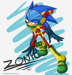 Size: 878x910 | Tagged: safe, artist:tanzillaaaa, zonic the zone cop, hedgehog, blue fur, green eyes, male, zone cop outfit