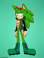 Size: 774x1032 | Tagged: safe, artist:anti-mistajules, scourge the hedgehog, hedgehog, blue eyes, boots, glasses, glasses on head, green fur, jacket, male, redesign, scars, sunglasses