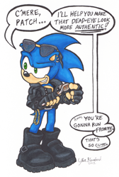 Size: 600x892 | Tagged: safe, artist:geckosfancies, hedgehog, anti-sonic, blue fur, boots, fingerless gloves, glasses, glasses on head, gloves, green eyes, implied patch, jacket, male, sunglasses