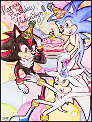 Size: 828x1103 | Tagged: safe, artist:nathyzim, shadow the hedgehog, silver the hedgehog, sonic the hedgehog, hedgehog, balloon, birthday, black fur, blue fur, boots, cake, gloves, green eyes, grey fur, male, party hat, red eyes, red fur, shoes, socks, yellow eyes