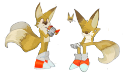 Size: 777x464 | Tagged: safe, artist:zeenwowzar, miles "tails" prower, holding something, male, simple background, sitting, smile, solo, standing, toy, white background