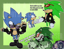 Size: 2048x1578 | Tagged: safe, artist:the-kennels, chip, scourge the hedgehog, sonic the hedgehog, sonic unleashed, abstract background, anti-sonic, cross popping vein, dialogue, english text, male, outline, standing, trio, were form, werehog