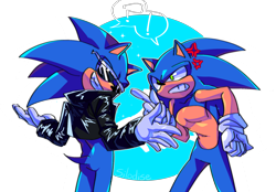 Size: 2048x1429 | Tagged: safe, artist:shitolodise, sonic the hedgehog, angry, anti-sonic, biker jacket, cross popping vein, looking at them, pointing, self paradox, semi-transparent background, smile, sparkle, standing, sunglasses