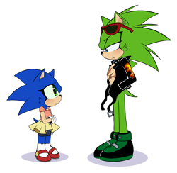 Size: 1780x1734 | Tagged: safe, artist:umbramus, scourge the hedgehog, sonic the hedgehog, eyelashes, hand in pocket, looking at each other, self paradox, shadow (lighting), shirt, simple background, skirt, standing, top surgery scars, trans male, transgender, white background, younger