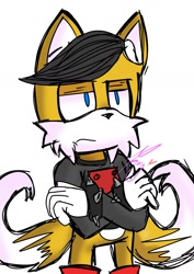 Size: 1000x1414 | Tagged: safe, artist:maryg14, miles (anti-mobius), fox, 2018, frown, looking offscreen, male, signature, simple background, solo, spiked bracelet, standing, white background