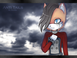 Size: 800x600 | Tagged: safe, artist:anasko-x3, miles (anti-mobius), fox, 2012, abstract background, character name, clenched teeth, crying, english text, hair over one eye, looking offscreen, male, mascara, running mascara, solo, song lyrics, spiked bracelet, tears