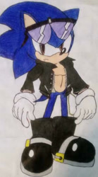Size: 320x576 | Tagged: safe, artist:djayterios1996, hedgehog, 2018, anti-sonic, boots, chain, frown, jacket, looking at viewer, male, one fang, solo, standing, sunglasses, traditional media