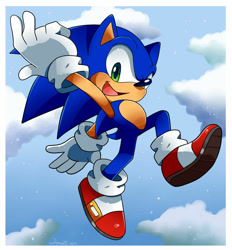 Size: 900x968 | Tagged: safe, artist:domestic maid, sonic the hedgehog, hedgehog, sonic heroes, 2020, abstract background, backwards v sign, border, clouds, looking at viewer, male, mouth open, posing, redraw, smile, solo