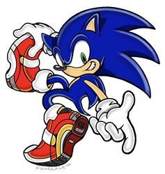 Size: 1415x1495 | Tagged: safe, artist:0carockarina, sonic the hedgehog, hedgehog, sonic adventure 2, clenched teeth, looking at viewer, male, pointing, posing, simple background, smile, soap shoes, solo, uekawa style, white background