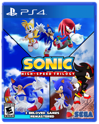 Size: 478x600 | Tagged: safe, knuckles the echidna, miles "tails" prower, shadow the hedgehog, sonic the hedgehog, sonic adventure, sonic adventure 2, sonic heroes, box art, english text, group, male, males only, ps4, remastered