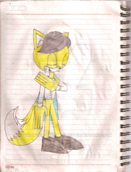 Size: 400x525 | Tagged: safe, artist:thunder-the-mouse, miles (anti-mobius), fox, cape, eyes closed, male, shirt, shoes, traditional media, watermark, yellow fur