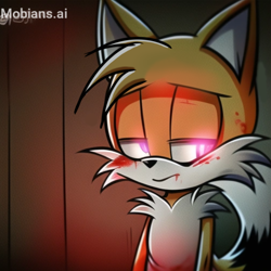 Size: 2048x2048 | Tagged: semi-grimdark, ai art, artist:mobians.ai, miles "tails" prower, fox, abstract background, blood, blood stain, glowing eyes, looking offscreen, male, pink eyes, standing, yandere