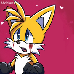 Size: 2048x2048 | Tagged: safe, ai art, artist:mobians.ai, miles "tails" prower, fox, black gloves, blood, eyelashes, heart, looking offscreen, male, mouth open, prompter:taeko, solo, standing, yandere