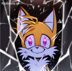 Size: 2048x2026 | Tagged: semi-grimdark, ai art, artist:mobians.ai, miles "tails" prower, fox, broken glass, creepy, dead stare, glowing eyes, male, pink eyes, prompter:taeko, smile, standing, wide smile, yandere