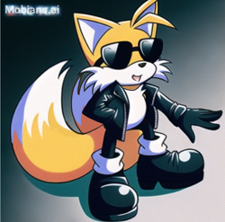 Size: 2048x2026 | Tagged: safe, ai art, artist:mobians.ai, miles "tails" prower, oc, oc:anti-tails, fox, biker jacket, black gloves, black shoes, gradient background, hand in pocket, jacket, looking offscreen, male, mouth open, prompter:taeko, smile, socks, solo, standing, sunglasses