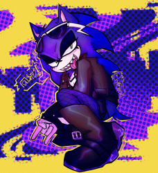 Size: 1799x1969 | Tagged: safe, artist:wewour, hedgehog, abstract background, anti-sonic, boots, female, fishnets, gender swap, horn sign, jacket, lidded eyes, looking at viewer, sharp teeth, shirt, signature, solo, sunglasses, tongue out, tongue peircing