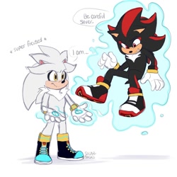 Size: 828x828 | Tagged: safe, artist:solar socks, shadow the hedgehog, silver the hedgehog, hedgehog, black fur, boots, dialogue, english text, gloves, grey fur, male, psychokinesis, red eyes, red fur, shoes, yellow eyes