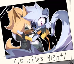 Size: 2048x1796 | Tagged: safe, artist:buddyhyped, tangle the lemur, whisper the wolf, 2023, couple, duo, english text, holding each other, lesbian, outline, photo, photograph, shipping, smile, standing, tangle x whisper, wink