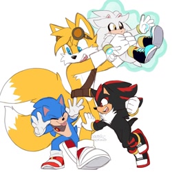 Size: 1080x1080 | Tagged: safe, artist:solar socks, miles "tails" prower, shadow the hedgehog, silver the hedgehog, sonic the hedgehog, fox, hedgehog, age swap, black fur, blue eyes, blue fur, boots, gloves, goggles, goggles on head, green eyes, grey fur, male, orange fur, red eyes, red fur, shoes, socks, yellow eyes