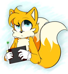Size: 1000x1080 | Tagged: safe, artist:annivloads, miles "tails" prower, 2020, :<, abstract background, cute, frown, holding something, looking up, remote controller, solo, tailabetes