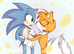 Size: 1390x1028 | Tagged: safe, artist:annivloads, miles "tails" prower, sonic the hedgehog, 2020, blushing, duo, eyes closed, gay, holding them, looking at them, mouth hold, neck fluff, shipping, sonic x tails, standing