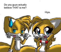 Size: 830x710 | Tagged: safe, artist:arcticcryptid, miles "tails" prower, oc, fox, 2009, dialogue, duo, english text, eyelashes, female, gender swap, looking at viewer, male, mouth open, pointing, self paradox, shrunken pupils, simple background, standing, sweatdrop, white background