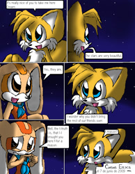 Size: 850x1094 | Tagged: safe, artist:arcticcryptid, cream the rabbit, miles "tails" prower, comic:sontails confession, 2009, comic, creamabetes, cute, dialogue, duo, english text, female, male, outdoors, panels, speech bubble, star (sky), tailabetes